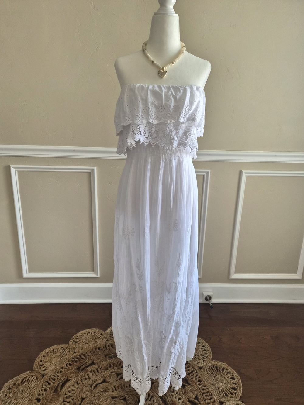 Strapless White Eyelet Lace Maxi Dress